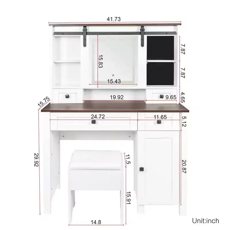 Coiffeuse de 110 cm de large Okak Farmhouse avec support pour sèche-cheveux, bureau de vanité avec tiroir de maquillage et armoire pour chambre à coucher