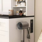 Coiffeuse de 110 cm de large Okak Farmhouse avec support pour sèche-cheveux, bureau de vanité avec tiroir de maquillage et armoire pour chambre à coucher
