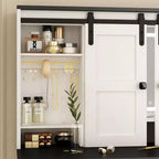 Coiffeuse de 110 cm de large Okak Farmhouse avec support pour sèche-cheveux, bureau de vanité avec tiroir de maquillage et armoire pour chambre à coucher