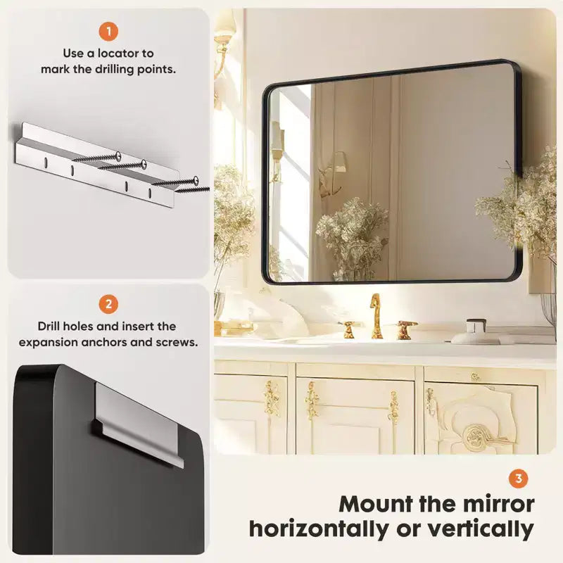 Miroir de courtoisie en aluminium 35x23 pouces, miroir mural de salle de bain avec rétroéclairage LED et revêtement antirouille, Noir