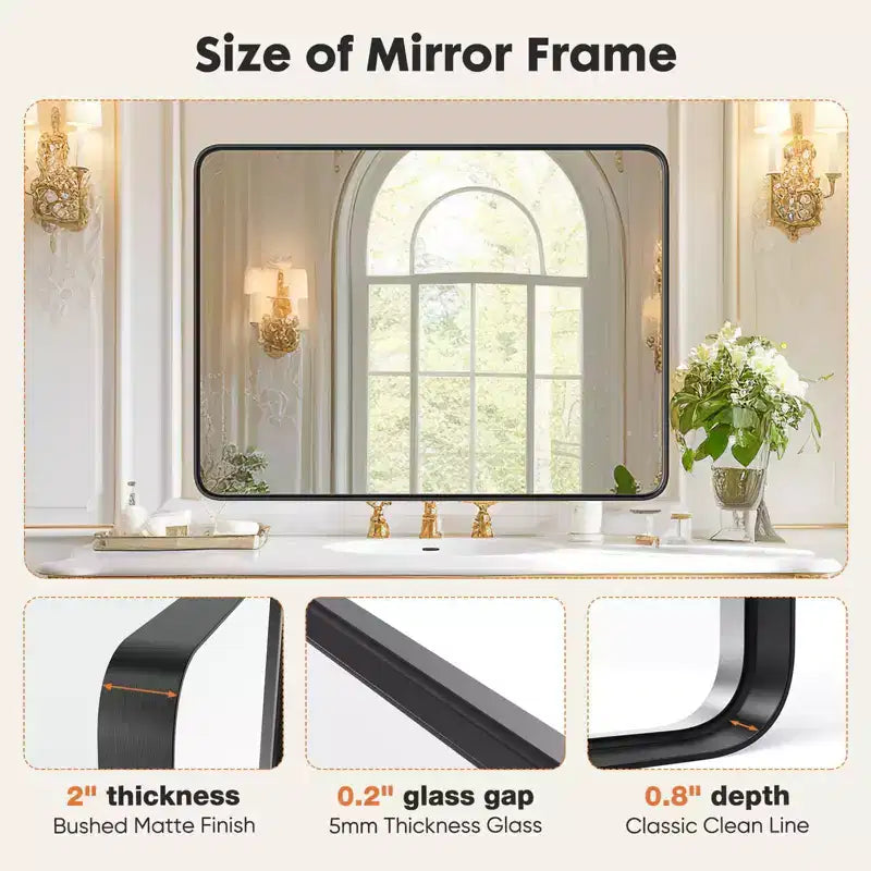 Miroir de courtoisie en aluminium 35x23 pouces, miroir mural de salle de bain avec rétroéclairage LED et revêtement antirouille, Noir