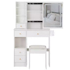Okak Vanity Tables and Stool Set with 2 AC+2 USB Power Station,Dressing Table with Hair Dryer Bracket and Touch LED Mirror,White