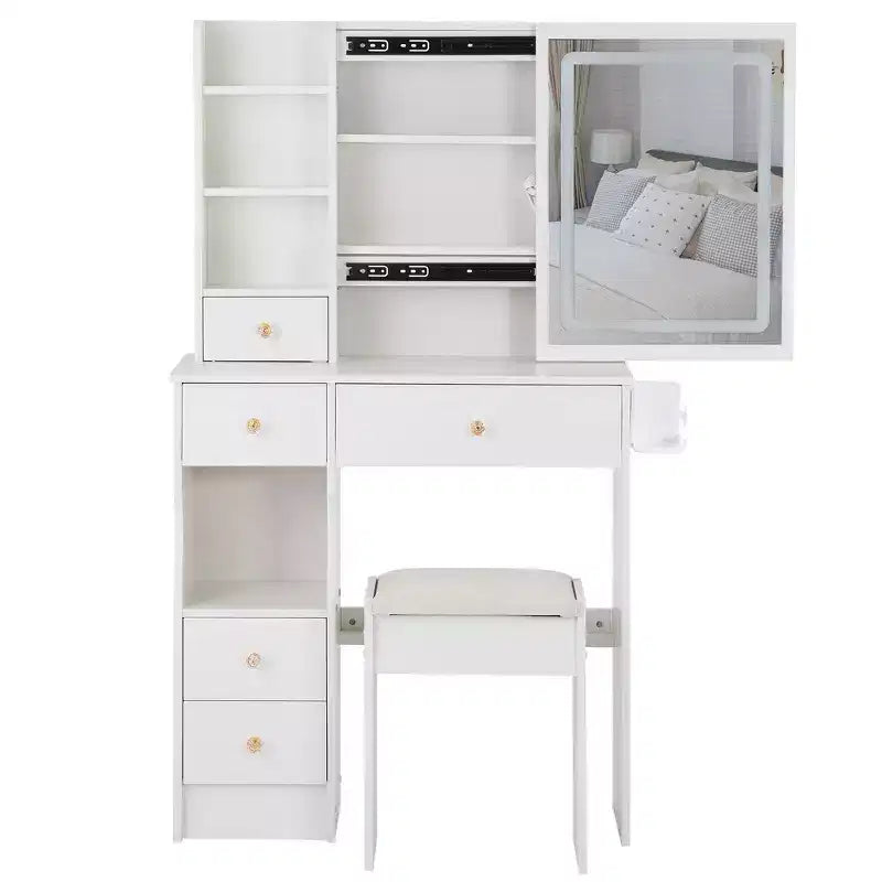 Okak Vanity Tables and Stool Set with 2 AC+2 USB Power Station,Dressing Table with Hair Dryer Bracket and Touch LED Mirror,White