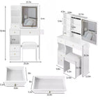 Coiffeuse et tabouret Okak avec 2 prises AC + 2 ports USB, coiffeuse avec support pour sèche-cheveux et miroir tactile LED, blanc