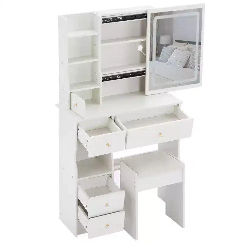 Coiffeuse et tabouret Okak avec 2 prises AC + 2 ports USB, coiffeuse avec support pour sèche-cheveux et miroir tactile LED, blanc