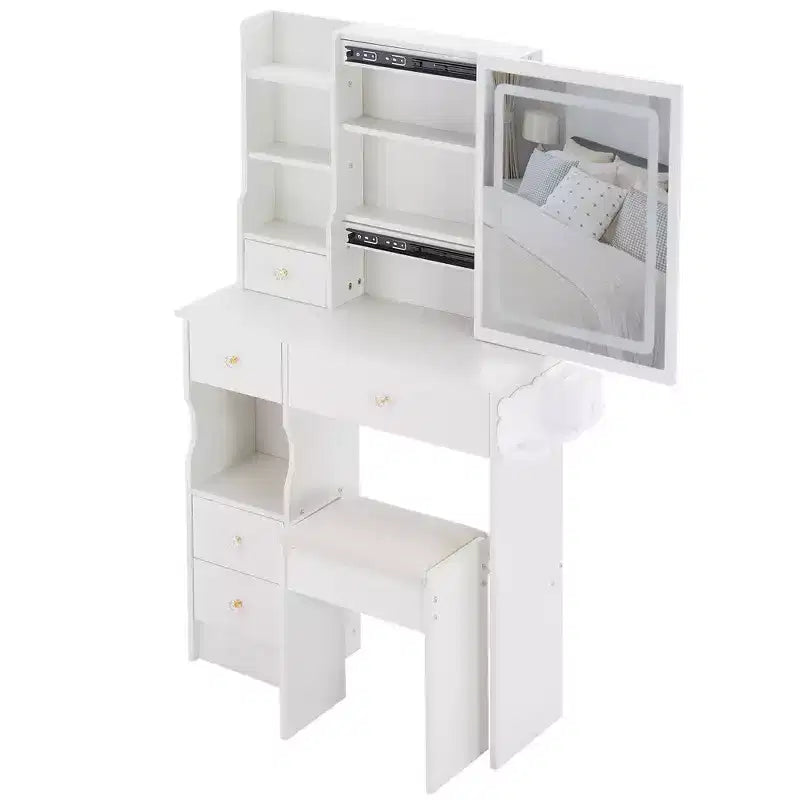 Coiffeuse et tabouret Okak avec 2 prises AC + 2 ports USB, coiffeuse avec support pour sèche-cheveux et miroir tactile LED, blanc