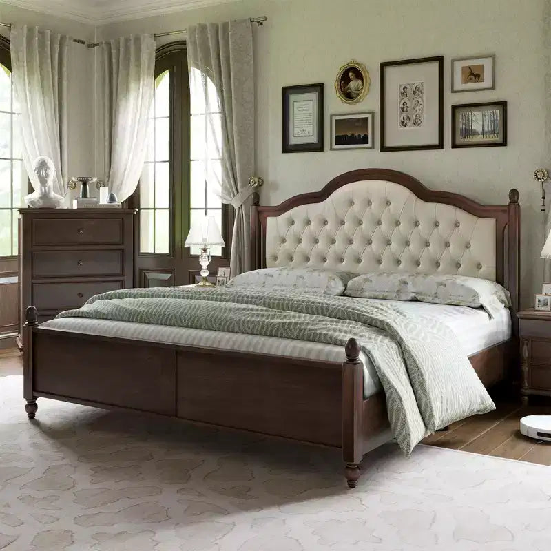 AMERLIFE Solid Wood Bed Frame, Transitional Platform Bed with 52.5 Upholstered Tufted Headboard, Walnut