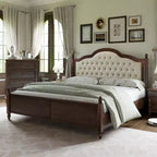 AMERLIFE Solid Wood Bed Frame, Transitional Platform Bed with 52.5 Upholstered Tufted Headboard, Walnut