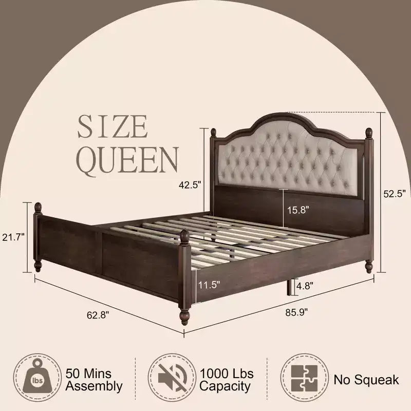 Cadre de lit en bois massif AMERLIFE, lit plateforme de transition avec tête de lit capitonnée de 133,35 cm, Noyer