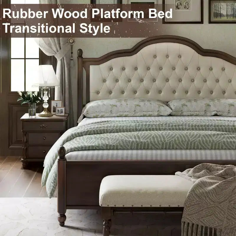 Cadre de lit en bois massif AMERLIFE, lit plateforme de transition avec tête de lit capitonnée de 133,35 cm, Noyer