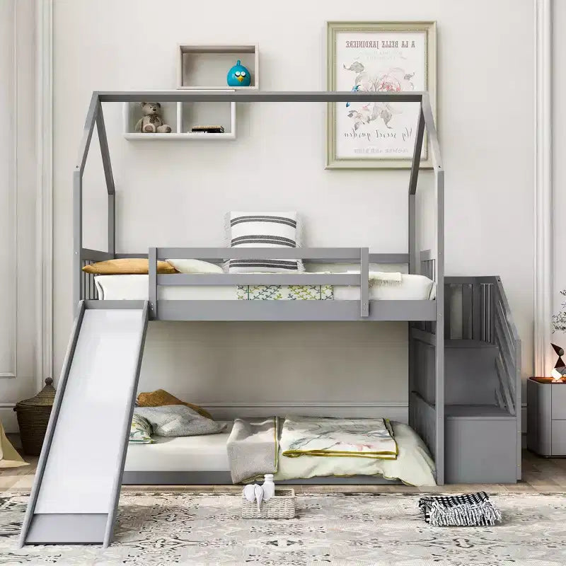 Whisen Twin over Twin Bunk Bed with Convertible Slide and Storage Staircase