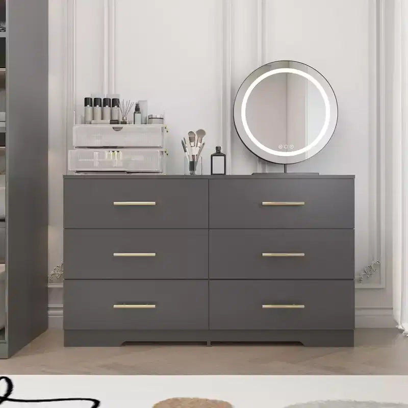Commode Okak 2 rangées 6 tiroirs, commode moderne avec grand espace de rangement, armoire de rangement au fini mat pour le salon, l'entrée