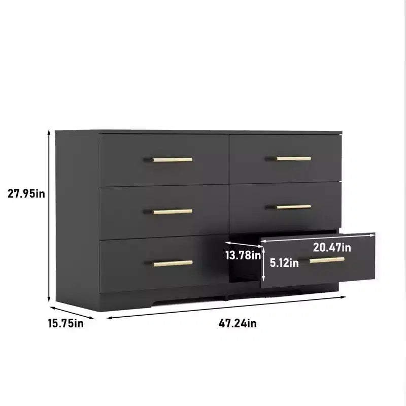 Commode Okak 2 rangées 6 tiroirs, commode moderne avec grand espace de rangement, armoire de rangement au fini mat pour le salon, l'entrée