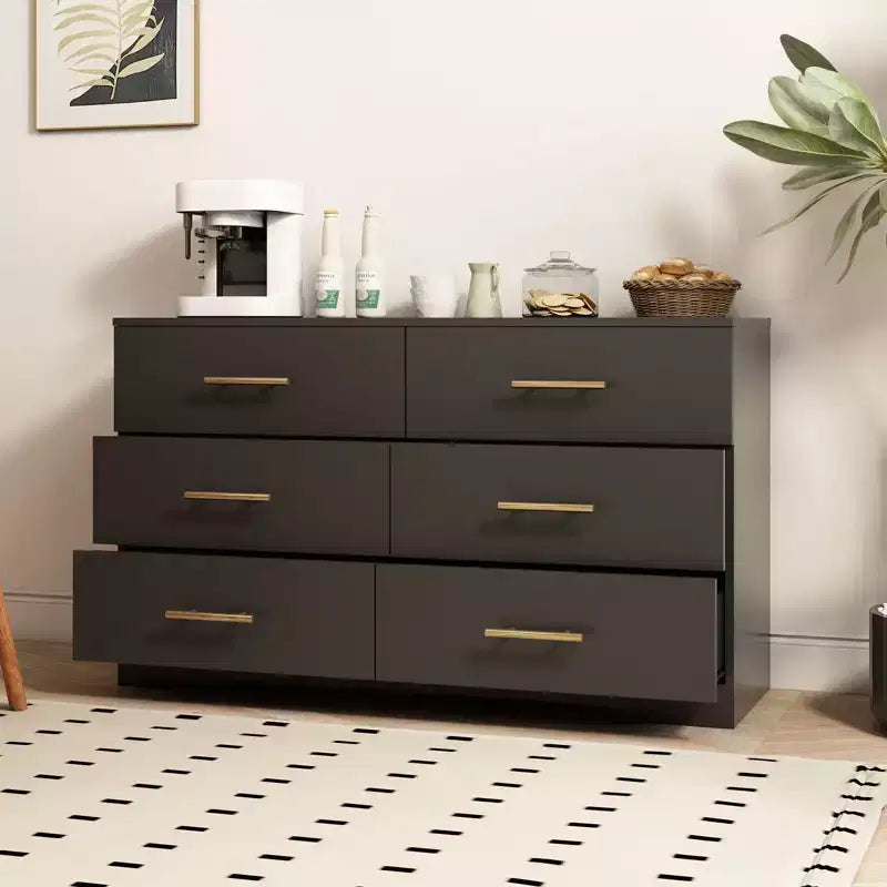 Commode Okak 2 rangées 6 tiroirs, commode moderne avec grand espace de rangement, armoire de rangement au fini mat pour le salon, l'entrée