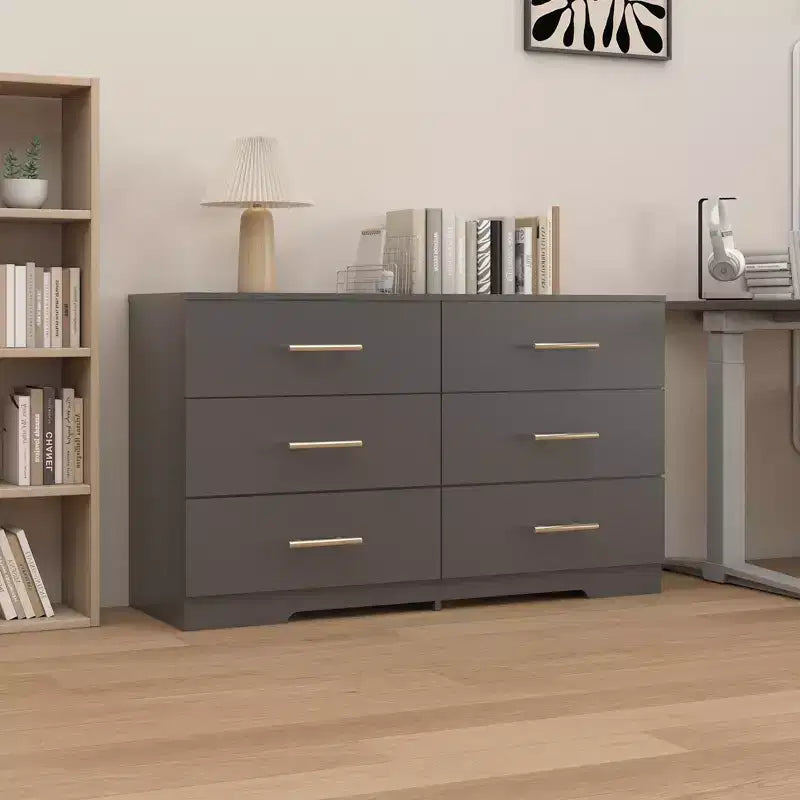 Commode Okak 2 rangées 6 tiroirs, commode moderne avec grand espace de rangement, armoire de rangement au fini mat pour le salon, l'entrée