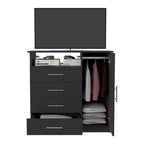 Commode 4 tiroirs Okak avec 1 armoire de rangement à porte et 1 étagère, grande commode TV pour chambre, salon, entrée, commode finition noir mat, plateau supérieur