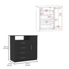 Commode 4 tiroirs Okak avec 1 armoire de rangement à porte et 1 étagère, grande commode TV pour chambre, salon, entrée, commode finition noir mat, plateau supérieur