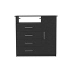 Commode 4 tiroirs Okak avec 1 armoire de rangement à porte et 1 étagère, grande commode TV pour chambre, salon, entrée, commode finition noir mat, plateau supérieur