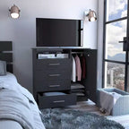 Commode 4 tiroirs Okak avec 1 armoire de rangement à porte et 1 étagère, grande commode TV pour chambre, salon, entrée, commode finition noir mat, plateau supérieur