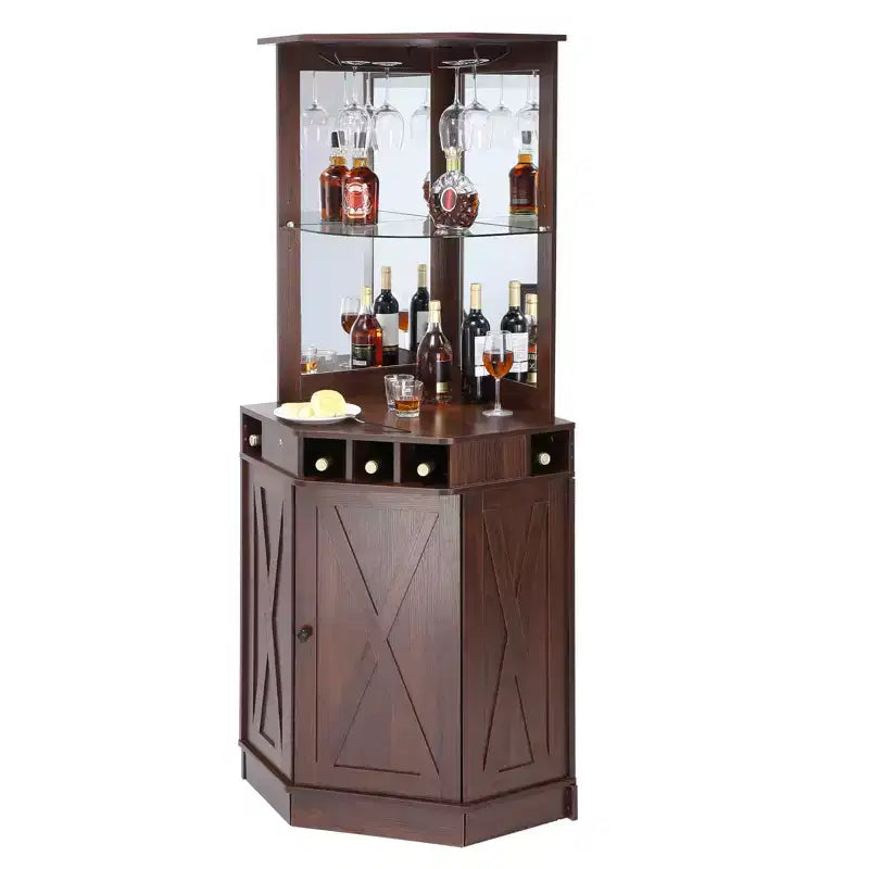 VEVOR Corner Industrial Bar Cabinet, Wine Table for Liquor & Glasses, Sideboard Buffet Cabinet with Glass Holder, Black Walnut