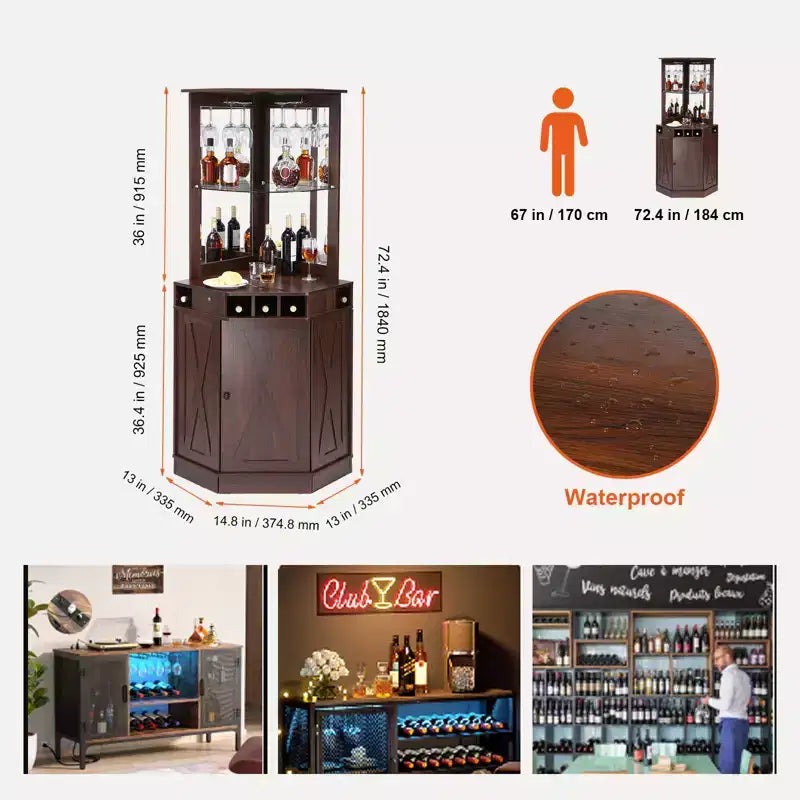 Meuble de Bar d'Angle Industriel VEVOR, Table à Vin pour Alcool et Verres, Buffet avec Porte-Verres, Noyer Noir