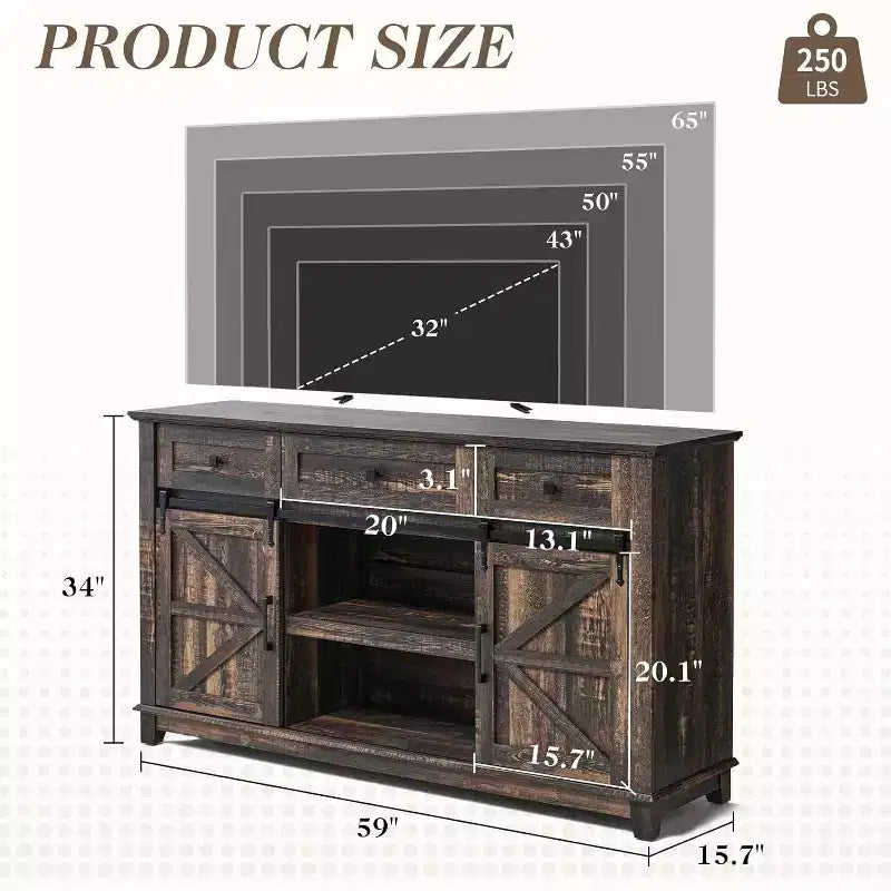 Meuble TV de style ferme AMERLIFE avec porte coulissante de grange et tiroir, meuble TV rustique de 59 po pour téléviseurs jusqu'à 65 po
