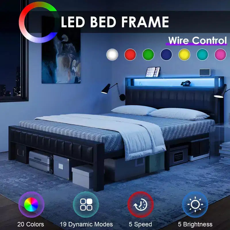 Cadre de lit Amerlife Plateforme Cadre de lit LED avec similicuir et station de recharge