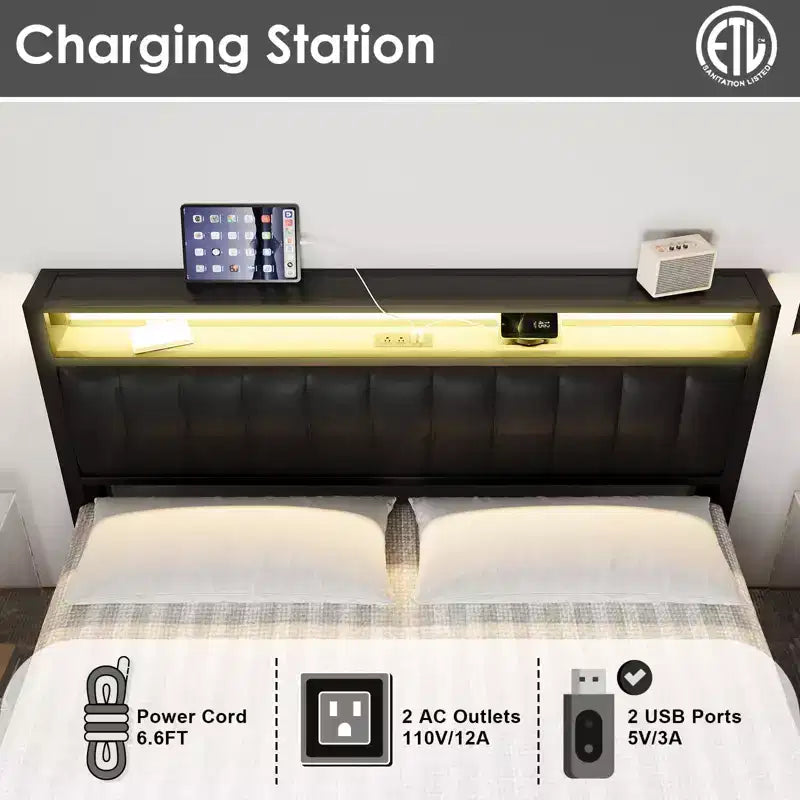 Cadre de lit Amerlife Plateforme Cadre de lit LED avec similicuir et station de recharge