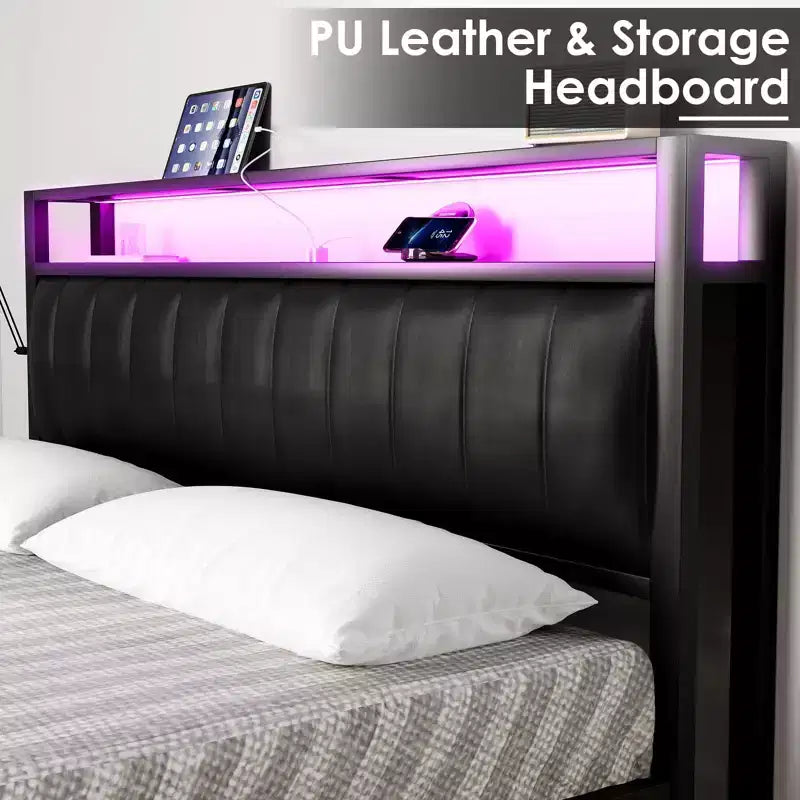 Cadre de lit Amerlife Plateforme Cadre de lit LED avec similicuir et station de recharge