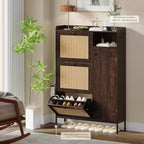 Meuble à Chaussures 3 Niveaux Acekool avec Tiroirs Basculants en Rotin Naturel, Étagères Réglables et Rangement Ouvert, Organisateur d'Entrée Disponible en Plusieurs Finitions