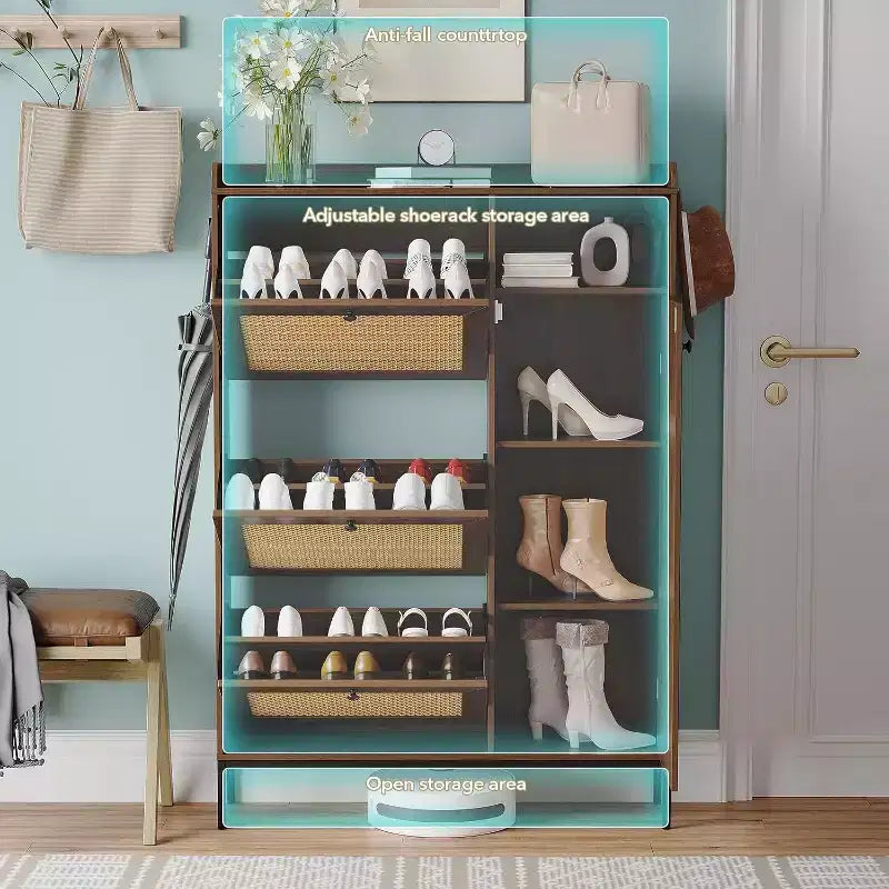 Meuble à Chaussures 3 Niveaux Acekool avec Tiroirs Basculants en Rotin Naturel, Étagères Réglables et Rangement Ouvert, Organisateur d'Entrée Disponible en Plusieurs Finitions