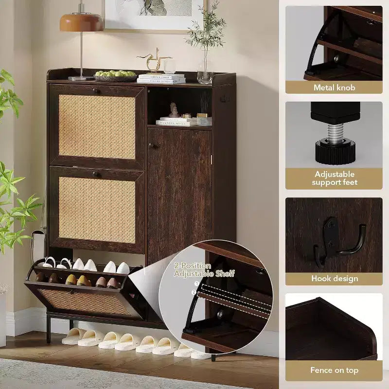 Meuble à Chaussures 3 Niveaux Acekool avec Tiroirs Basculants en Rotin Naturel, Étagères Réglables et Rangement Ouvert, Organisateur d'Entrée Disponible en Plusieurs Finitions