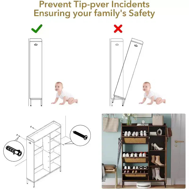 Meuble à Chaussures 3 Niveaux Acekool avec Tiroirs Basculants en Rotin Naturel, Étagères Réglables et Rangement Ouvert, Organisateur d'Entrée Disponible en Plusieurs Finitions