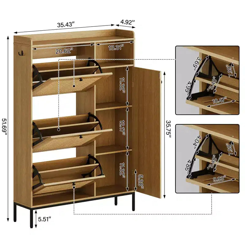 Meuble à Chaussures 3 Niveaux Acekool avec Tiroirs Basculants en Rotin Naturel, Étagères Réglables et Rangement Ouvert, Organisateur d'Entrée Disponible en Plusieurs Finitions