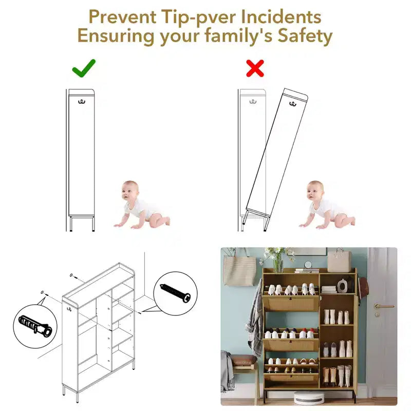 Meuble à Chaussures 3 Niveaux Acekool avec Tiroirs Basculants en Rotin Naturel, Étagères Réglables et Rangement Ouvert, Organisateur d'Entrée Disponible en Plusieurs Finitions