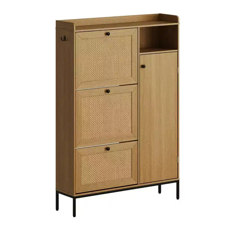 Meuble à Chaussures 3 Niveaux Acekool avec Tiroirs Basculants en Rotin Naturel, Étagères Réglables et Rangement Ouvert, Organisateur d'Entrée Disponible en Plusieurs Finitions