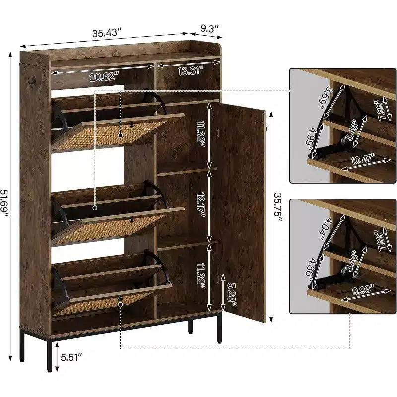 Meuble à Chaussures 3 Niveaux Acekool avec Tiroirs Basculants en Rotin Naturel, Étagères Réglables et Rangement Ouvert, Organisateur d'Entrée Disponible en Plusieurs Finitions