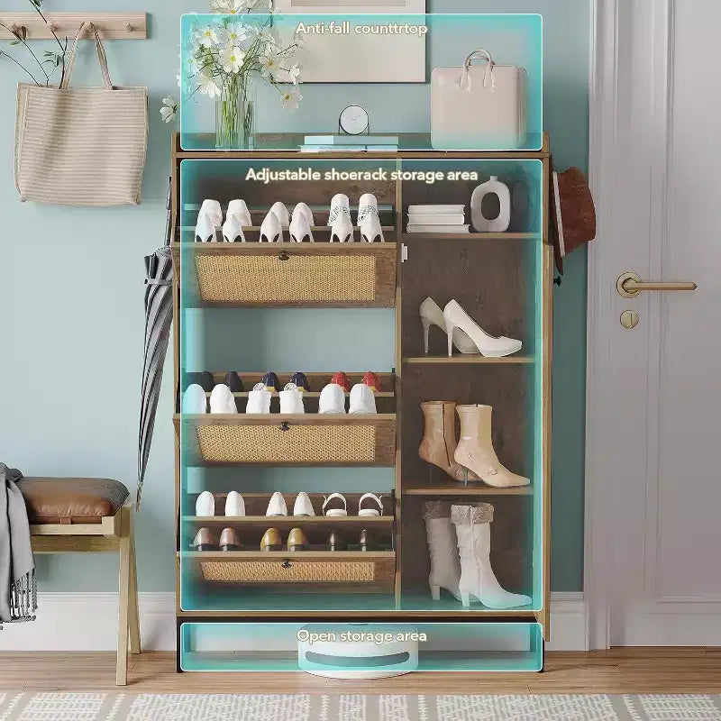 Meuble à Chaussures 3 Niveaux Acekool avec Tiroirs Basculants en Rotin Naturel, Étagères Réglables et Rangement Ouvert, Organisateur d'Entrée Disponible en Plusieurs Finitions