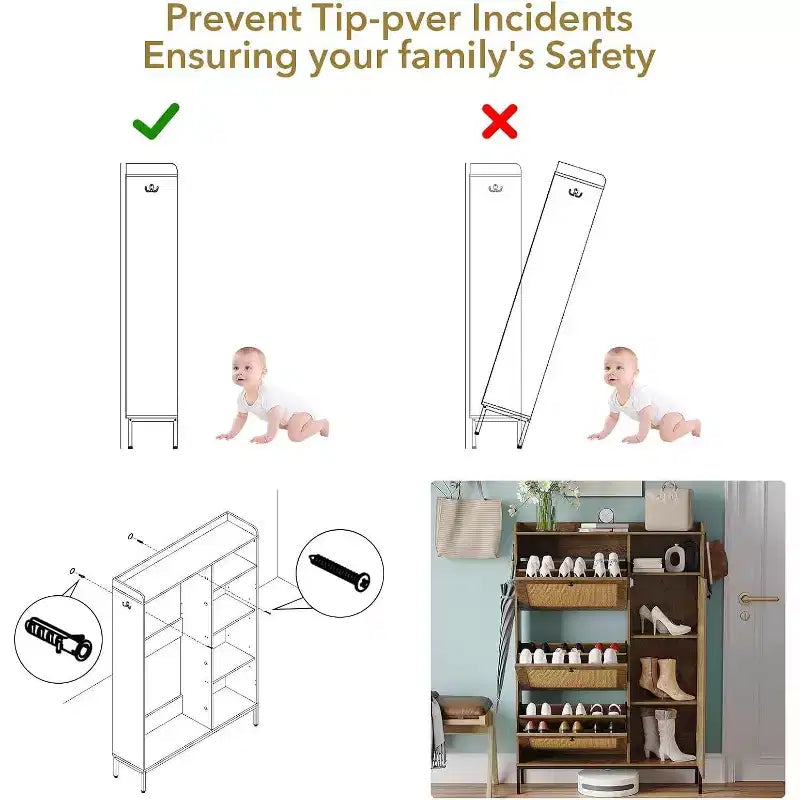 Meuble à Chaussures 3 Niveaux Acekool avec Tiroirs Basculants en Rotin Naturel, Étagères Réglables et Rangement Ouvert, Organisateur d'Entrée Disponible en Plusieurs Finitions