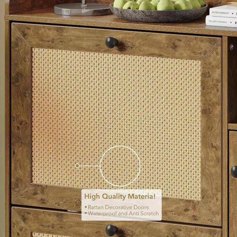 Meuble à Chaussures 3 Niveaux Acekool avec Tiroirs Basculants en Rotin Naturel, Étagères Réglables et Rangement Ouvert, Organisateur d'Entrée Disponible en Plusieurs Finitions