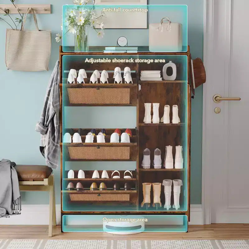 Meuble à Chaussures 3 Niveaux Acekool avec Tiroirs Basculants en Rotin Naturel, Étagères Réglables et Rangement Ouvert, Organisateur d'Entrée Disponible en Plusieurs Finitions