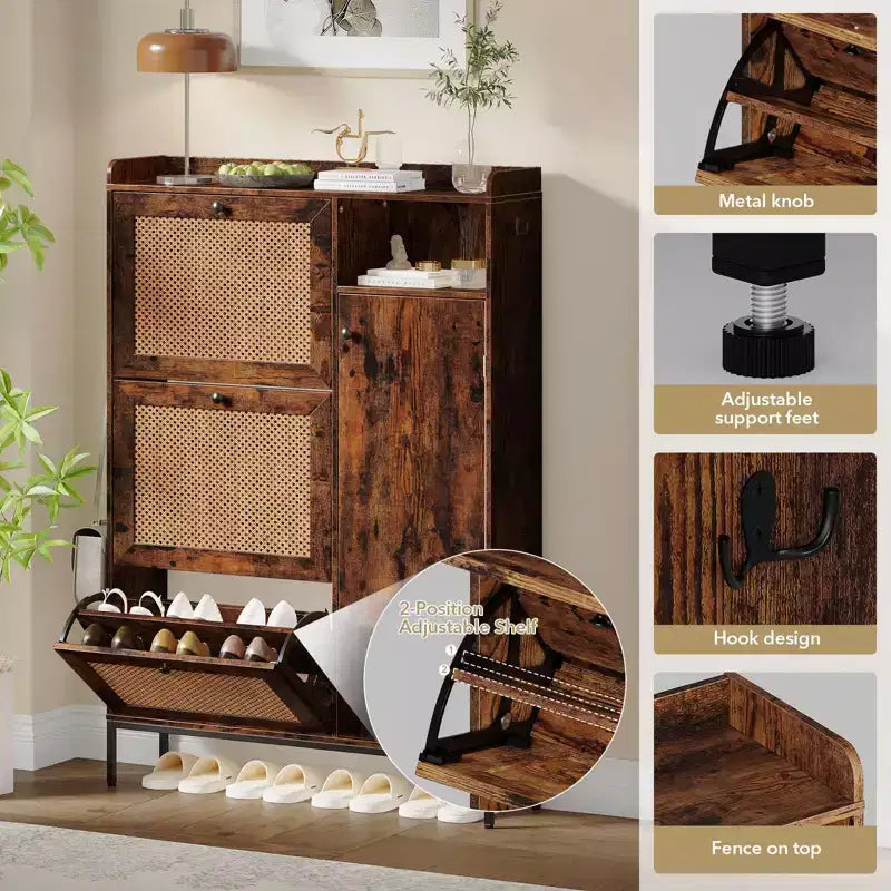 Meuble à Chaussures 3 Niveaux Acekool avec Tiroirs Basculants en Rotin Naturel, Étagères Réglables et Rangement Ouvert, Organisateur d'Entrée Disponible en Plusieurs Finitions
