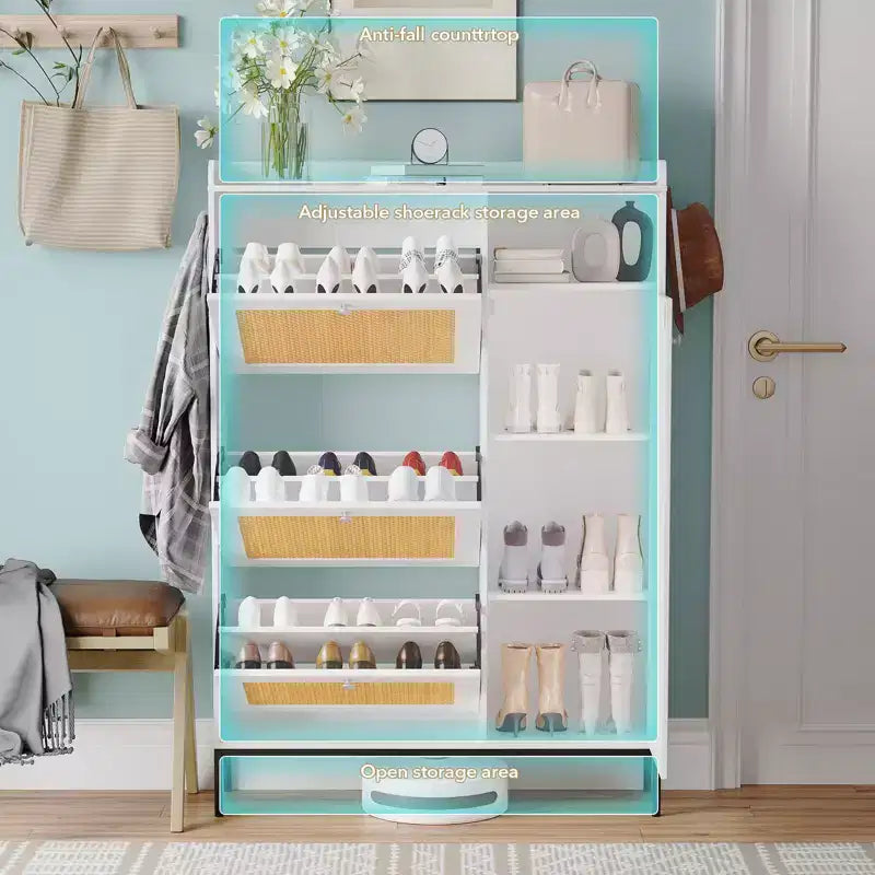 Meuble à Chaussures 3 Niveaux Acekool avec Tiroirs Basculants en Rotin Naturel, Étagères Réglables et Rangement Ouvert, Organisateur d'Entrée Disponible en Plusieurs Finitions