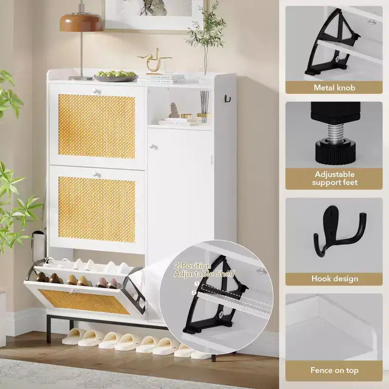 Meuble à Chaussures 3 Niveaux Acekool avec Tiroirs Basculants en Rotin Naturel, Étagères Réglables et Rangement Ouvert, Organisateur d'Entrée Disponible en Plusieurs Finitions