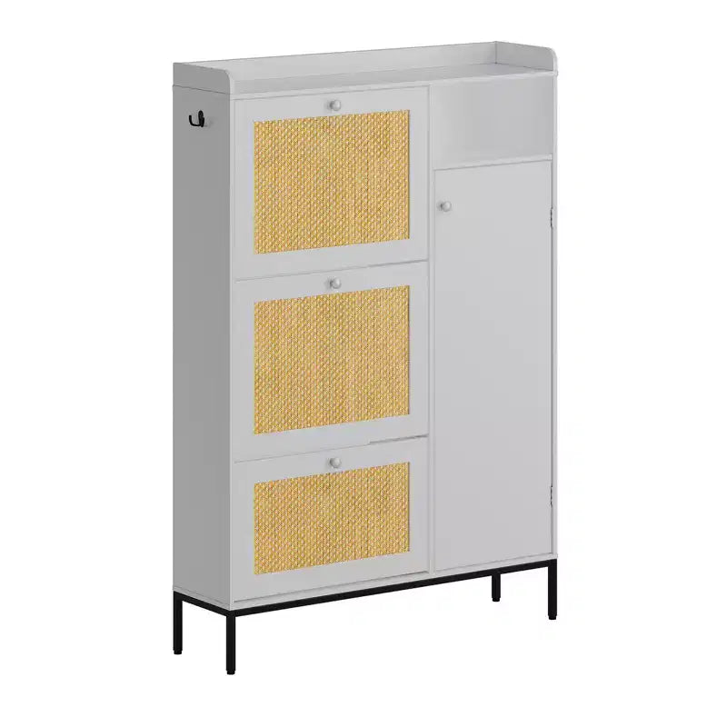 Meuble à Chaussures 3 Niveaux Acekool avec Tiroirs Basculants en Rotin Naturel, Étagères Réglables et Rangement Ouvert, Organisateur d'Entrée Disponible en Plusieurs Finitions