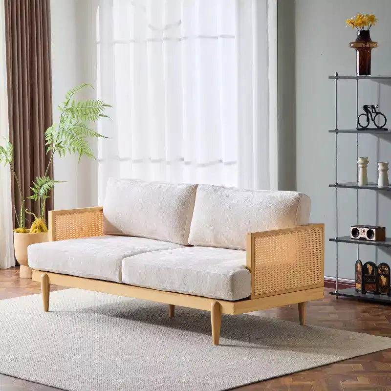 Christopher Knight Home Canapé trois places moderne Quince 72 en velours, bois d'hévéa et rotin avec coussin
