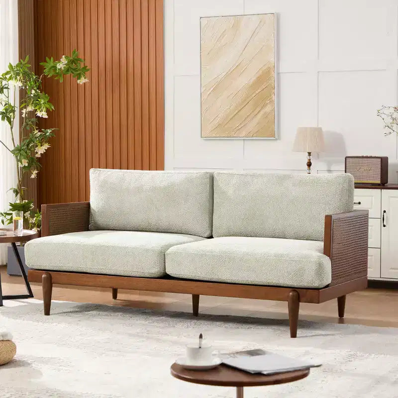 Christopher Knight Home Canapé trois places moderne Quince 72 en velours, bois d'hévéa et rotin avec coussin