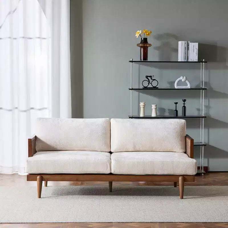 Christopher Knight Home Canapé trois places moderne Quince 72 en velours, bois d'hévéa et rotin avec coussin