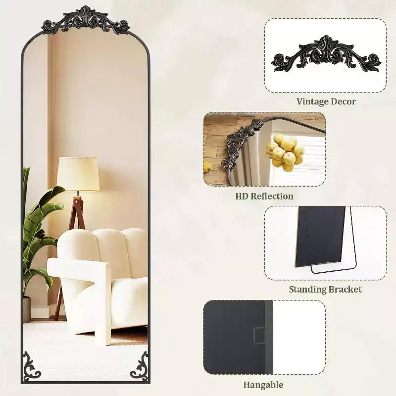 Miroir arqué pleine longueur 65x22, miroir en métal style baroque vintage, noir