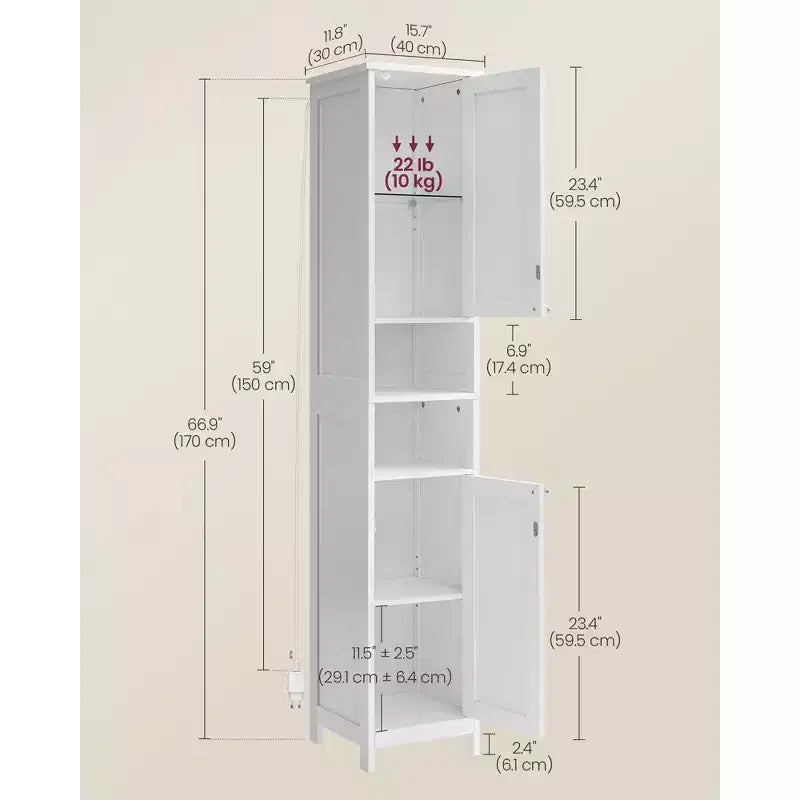 Meuble de salle de bain LED mince avec étagères réglables, unité de rangement autoportante, design étroit de 40 cm
